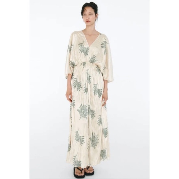 ZARA | NWT Wrinkled Effect Printed Satin Maxi Dress in Ecru, Size Medium - Picture 13 of 13
